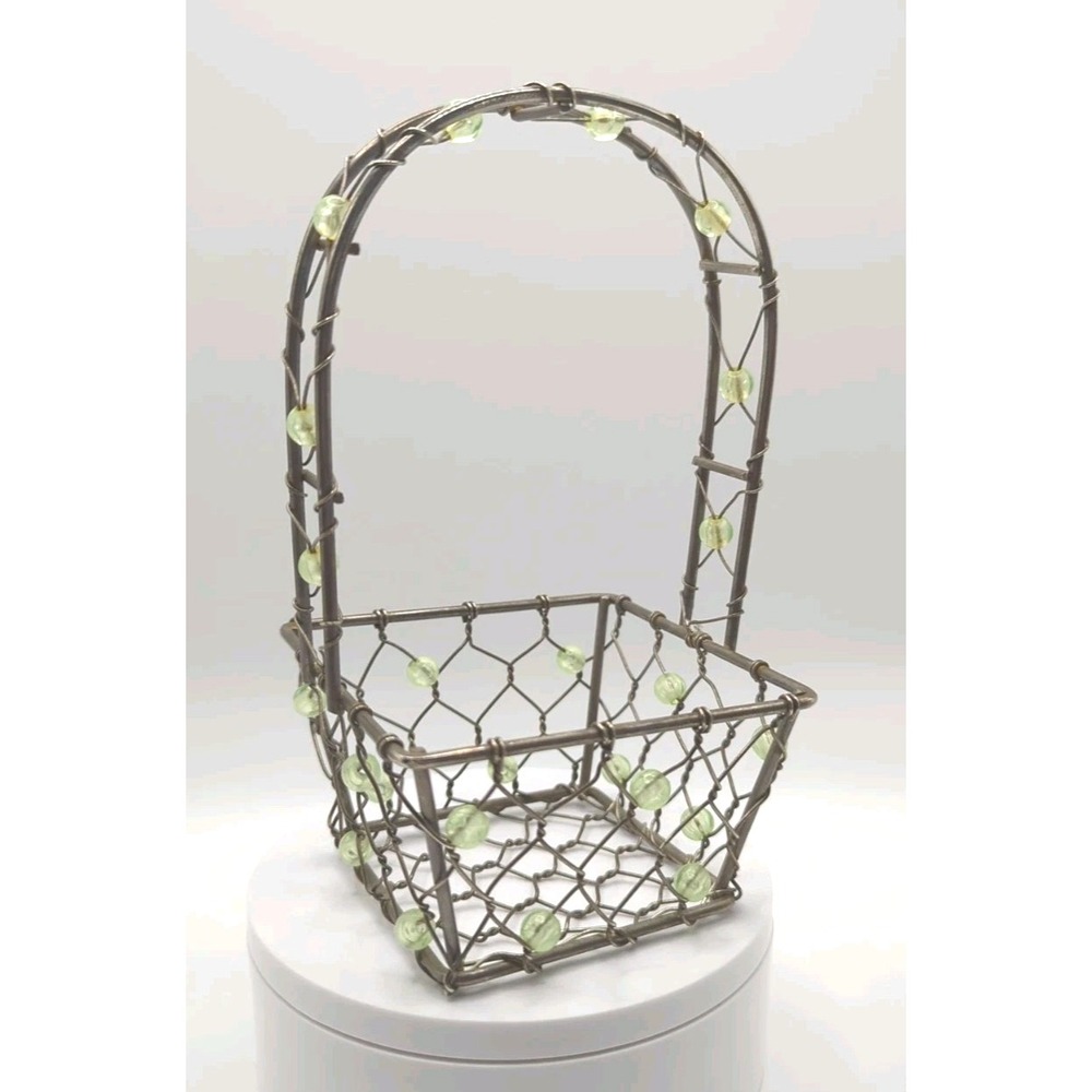 Vintage Square Metal Wire Basket Beaded Green Gems Handle 6.5" Small Silver